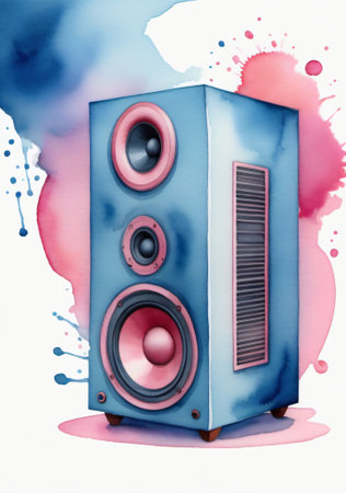 Blue loudspeaker on a white background with splashes and blotsの素材