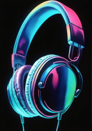 Headphones on a black background, close-up, studio shotの素材
