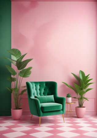 interior with green armchair and plants. 3d render illustrationの素材