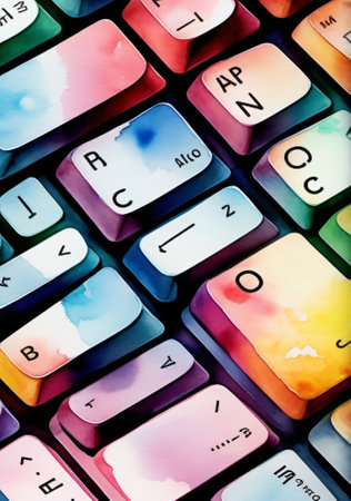 Computer keyboard with colorful buttons, close-up, toned imageの素材