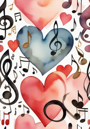 Seamless pattern with watercolor hearts and music notes on white backgroundの素材