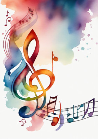 Watercolor illustration of musical notes on watercolor background with place for your textの素材