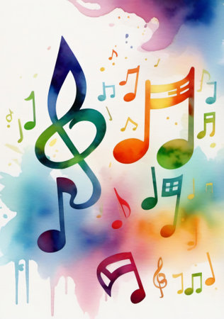 colorful musical notes on watercolor paper texture background, music conceptの素材