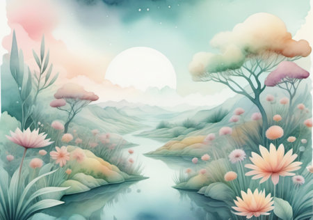 Beautiful landscape with lake, mountains and flowers. Digital painting.の素材