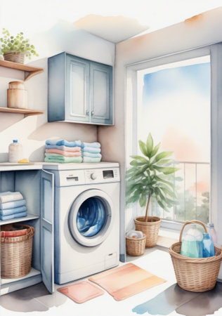 Interior of modern laundry room with washing machine and basket of towelsの素材