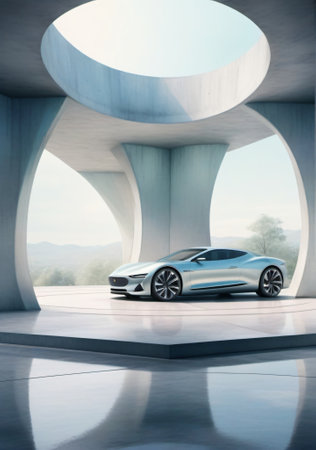3D rendering of a brand-less generic concept car in a futuristic interiorの素材