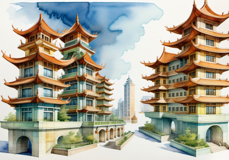 Chinese architecture in the city. Illustration of a Chinese architecture.の素材