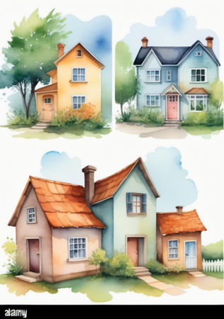 Set of houses in watercolor style. Hand drawn illustration. Vector.の素材