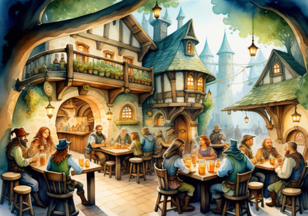 Illustration of fairytale cafe with people drinking beer and eatingの素材