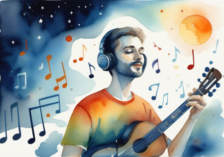 Illustration of a man playing the guitar on a night sky backgroundの素材