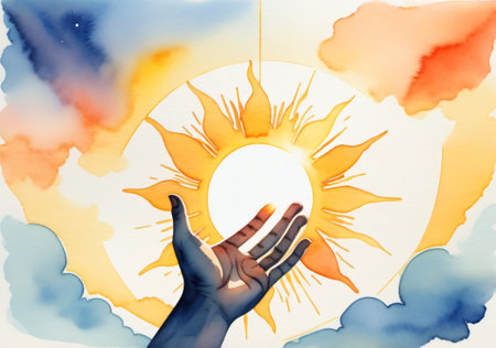 Illustration of sun and hand in the sky with clouds. Sunlight effect.の素材