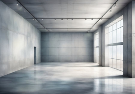 3D rendering of an empty room with windows and a concrete floorの素材