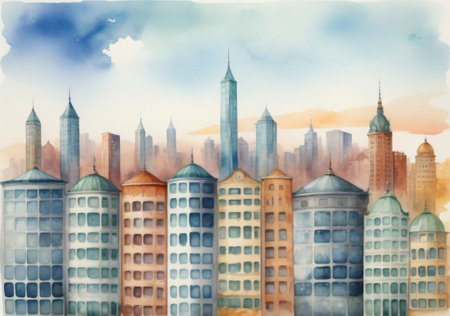 Watercolor illustration of skyscrapers on the background of the cityの素材