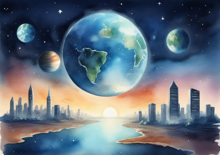 Illustration of the planet Earth and the city on the background of the night skyの素材