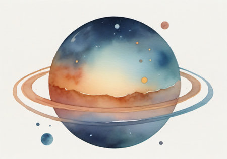 Watercolor illustration of a planet in space with rings and planets.の素材