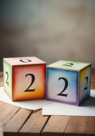 Cubes with numbers 2022 and question marks on a wooden table.の素材