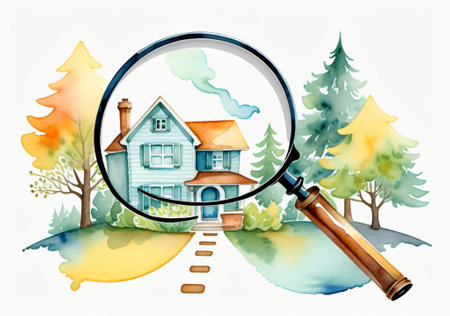 Magnifying glass with house on the background of nature. Watercolor illustration.の素材