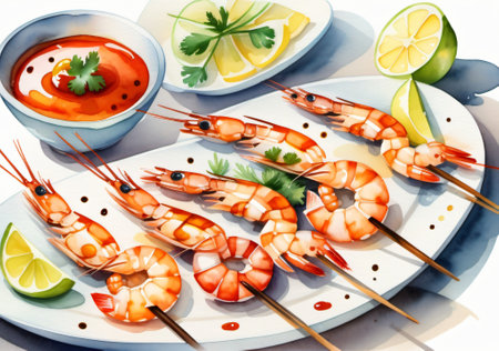 Seafood skewers with shrimp, lemon and sauce on white backgroundの素材