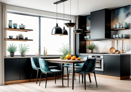 Interior of modern kitchen with black and gray walls, wooden floor, gray countertops with built in sink and cooker and dining table with blue chairs. 3d renderingの素材