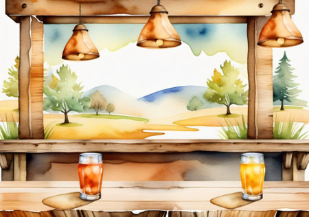 Watercolor illustration of a wooden shelf with a glass of beer.の素材