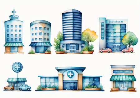 Set of hospital buildings. Watercolor illustration isolated on white background.の素材