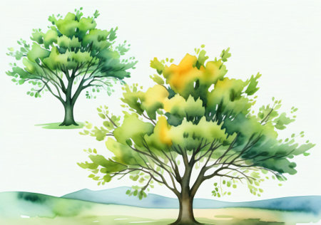 Green tree in watercolor style on white background. Vector illustration.の素材