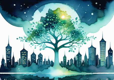 Cityscape with tree and clouds in watercolor style. Vector illustration.の素材