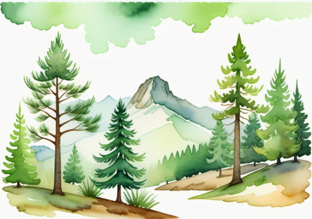 Watercolor landscape with mountains and coniferous forest. Hand drawn vector illustration.の素材