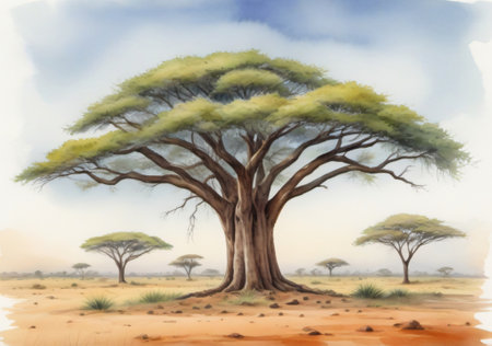 African tree in the savannah. Watercolor painting. Illustration.の素材