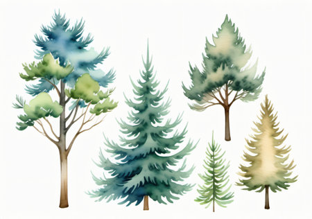 Watercolor pine trees set isolated on white background. Hand drawn illustrationの素材
