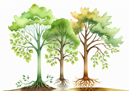Trees with green leaves and roots on white background. Vector illustration.の素材