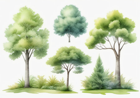 Watercolor trees set isolated on white background. Hand drawn illustration.の素材