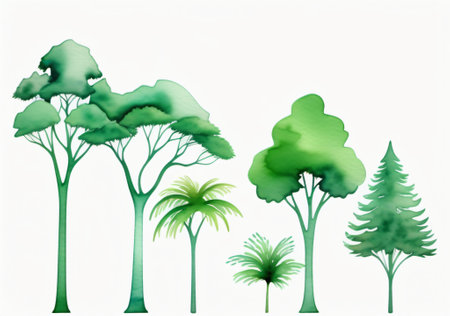 Watercolor trees set on white background. Hand drawn vector illustration.の素材