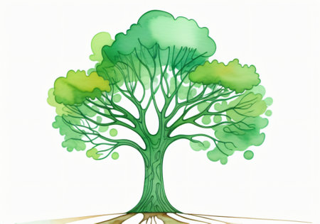 Green tree isolated on white background. Watercolor hand drawn illustration.の素材