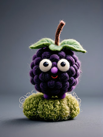 Photo Of A Needle-Felted Cartoon Blackberry Character Isolated On A White Background. Generative AIの素材
