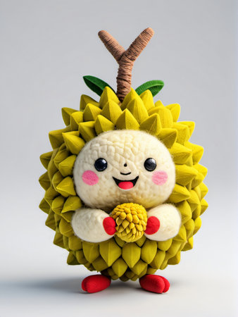 Photo Of A Needle-Felted Cartoon Durian Character Isolated On A White Background. Generative AIの素材