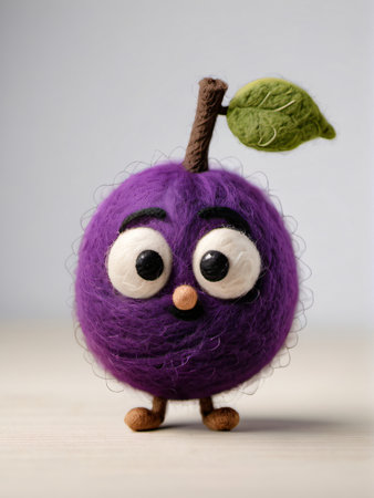 Photo Of A Needle-Felted Cartoon Damson Character Isolated On A White Background. Generative AIの素材