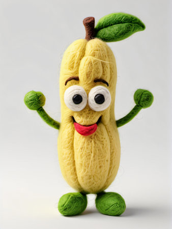 Photo Of A Needle-Felted Cartoon Apple Banana Character Isolated On A White Background. Generative AIの素材