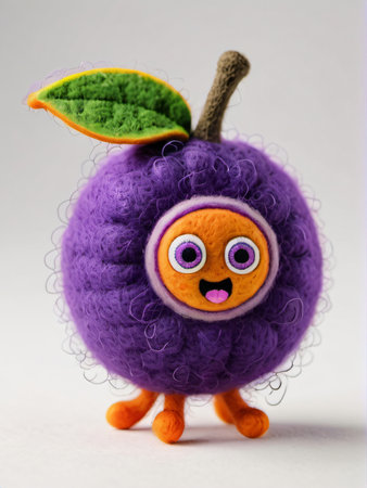 Photo Of A Needle-Felted Cartoon Purple Granadilla Character Isolated On A White Background. Generative AIの素材