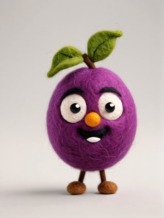 Photo Of A Needle-Felted Cartoon Plum Character Isolated On A White Background. Generative AIの素材