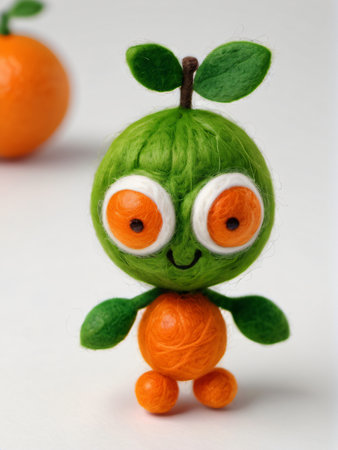 Photo Of A Needle-Felted Cartoon Calamondin Character Isolated On A White Background. Generative AIの素材