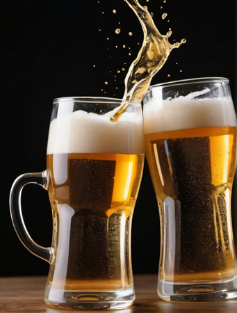 Photo Of Pair Of Beer Glasses Making A Toast, Beer Splash. Generative AIの素材