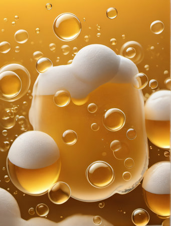 Photo Of Yellow Horizontal Beer Foam Background Illustration, Beer Foam Background With Realistic Bubbles Menu Design, Banners And Flyers. Generative AIの素材