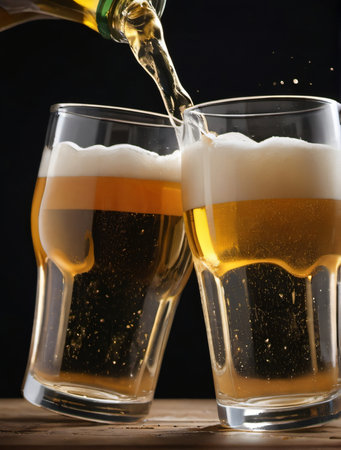 Photo Of Pair Of Beer Glasses Making A Toast, Beer Splash. Generative AIの素材