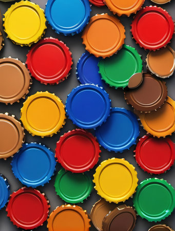 Photo Of Colorful Beer Caps Isolated On White Background, Top View, Banner, 3D Illustration. Generative AIの素材