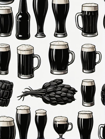 Photo Of Set Of Black Beer Icon, Hand Drawing Illustration, Isolated, White Background. Generative AIの素材