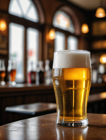 Photo Of Cold Beer Pour In Glass From Crane In Pub Background. Generative AIの素材