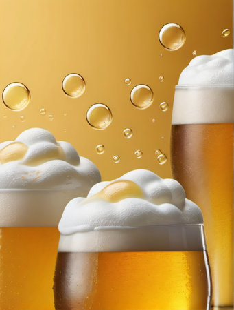 Photo Of Yellow Horizontal Beer Foam Background Illustration, Beer Foam Background With Realistic Bubbles Menu Design, Banners And Flyers. Generative AIの素材