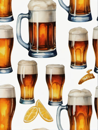 Photo Of Watercolor Beer Glasses Set Isolated On White Background. Generative AIの素材