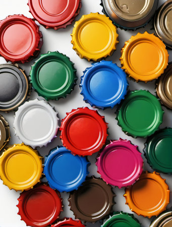 Photo Of Colorful Beer Caps Isolated On White Background, Top View, Banner, 3D Illustration. Generative AIの素材